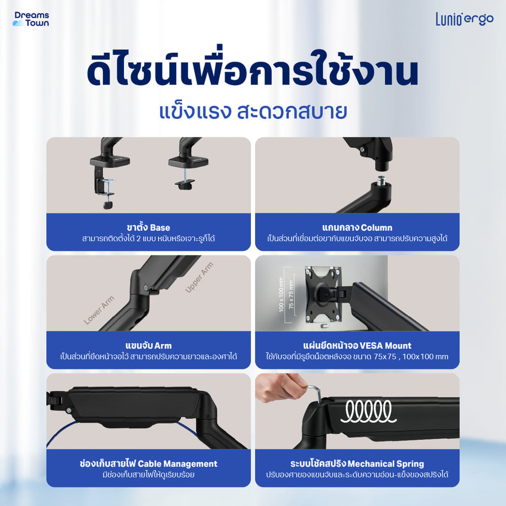 แขนจับจอ LUNIO ERGO MONITOR ARM CYBOT สีดำ 1 แขน หมุนได้360&deg;